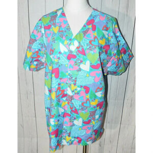 Jasco Uniform Women's Blue Heart Patterned Short Sleeve Scrub Shirt Size L